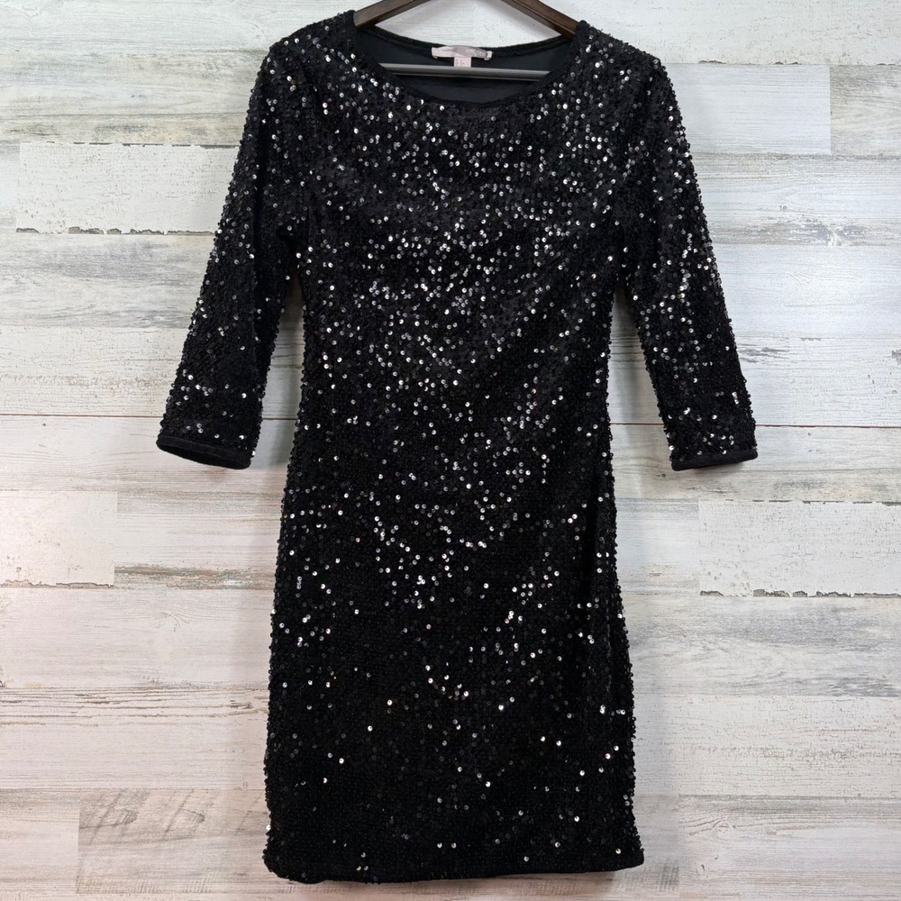 Forever 21 Contemporary Womens Black Sequin‎ 3/4 Sleeve Bodycon Mini Dress Small